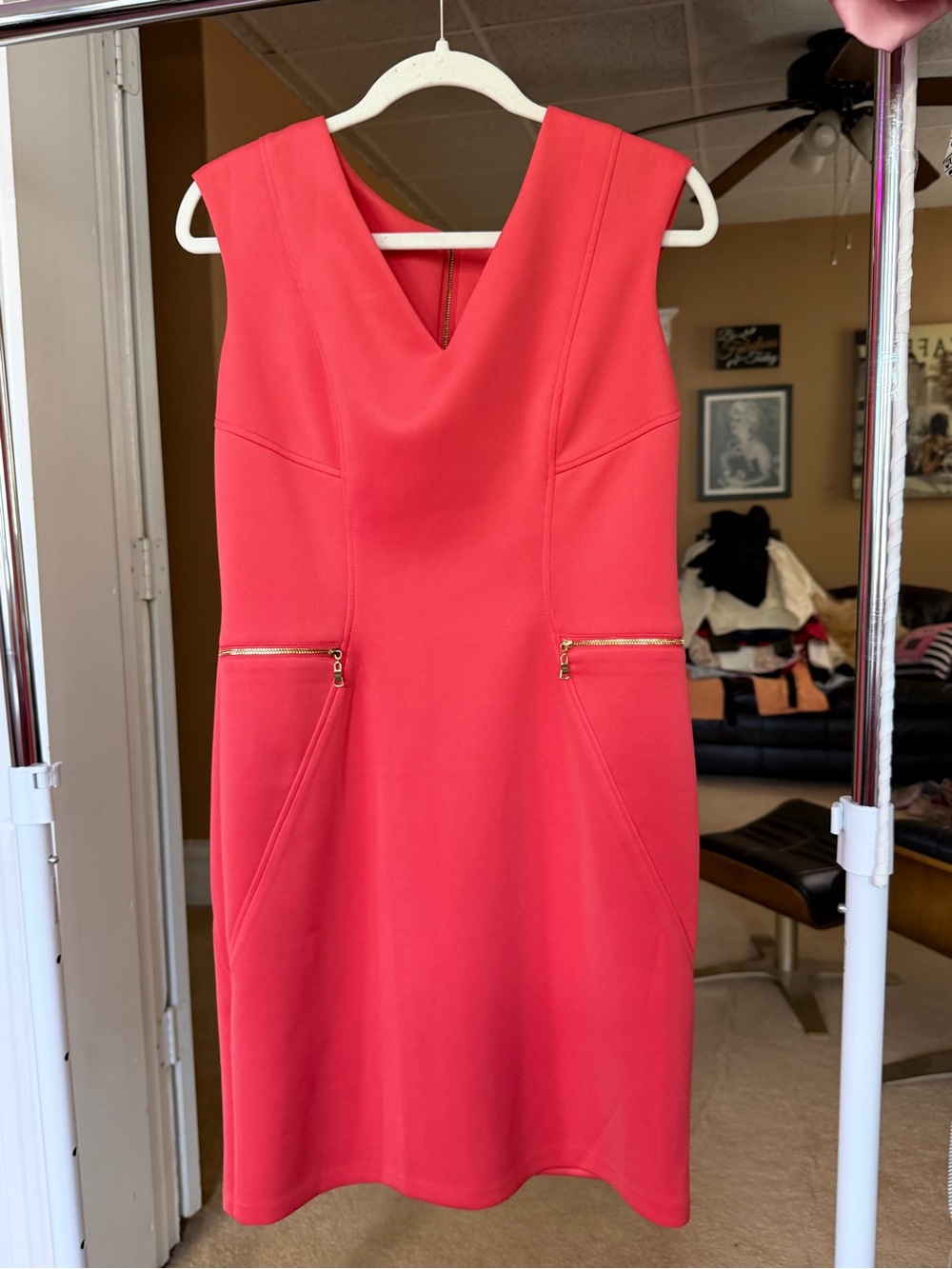 Sandra Darren Coral Midi Sheath Dress with Gold Zippers - Picture 2 of 6